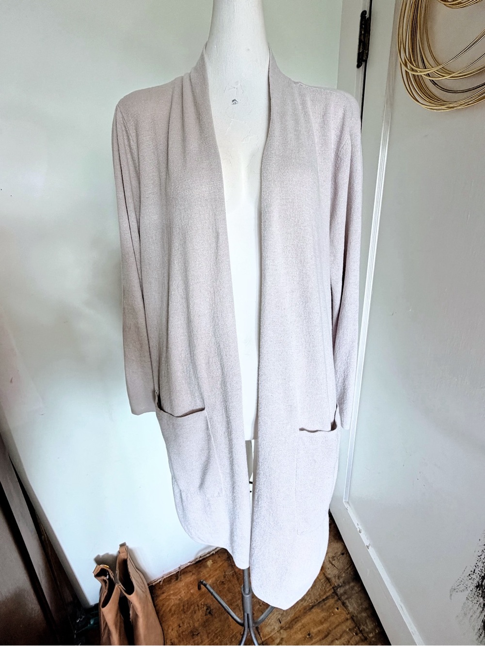 LOFT Plus Open Front Long Cardigan Sweater 16/18 Beige Oatmeal Pockets